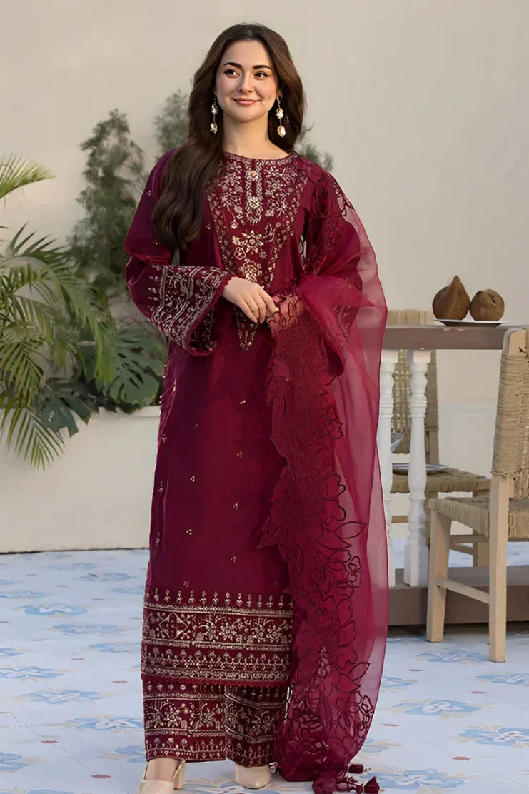 QALAMQAR-3PC DHANAK HEAVY EMBROIDERED SUIT GUL17